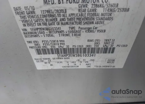 2011 Ford Taurus Sel z USA, uszkodzony, nr VIN 1FAHP2EW3BG103341